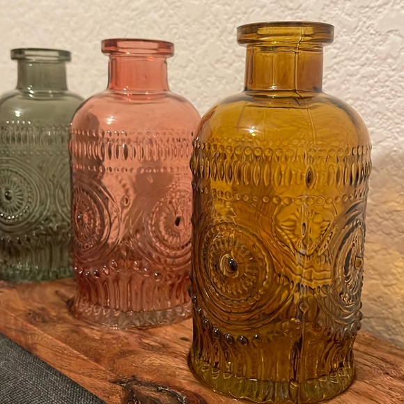 New! Artisan handmade hardwood oblong tray with 3 pressed glass vases - Picture 2 of 16